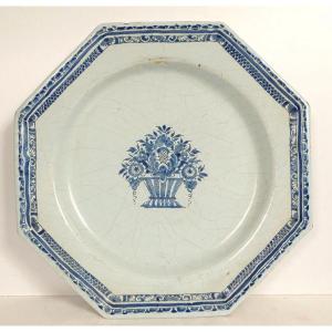 Large Octagonal Rouen Earthenware Platter With Blue Monochrome Floral Basket Decoration, 18th Century