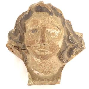 Polychrome Wood Sculpture Of A Cherub's Head, Angel, Or Altarpiece, 17th Century