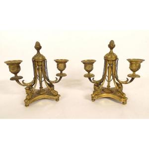 Pair Of Louis XVI Gilt Bronze Two-light Candelabra, Napoleon III Style, 19th Century