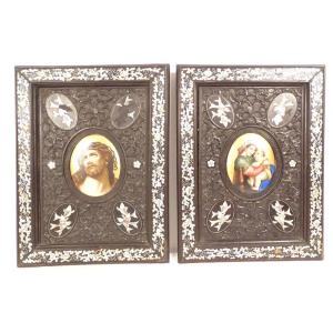 Pair Of Miniature Porcelain Virgin And Child Christ In Mother-of-pearl Wood Frames, 19th Century