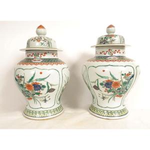 Pair Of Covered Chinese Porcelain Pots/jars, Famille Verte Style, With Flowers, 19th Century