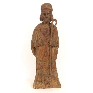 Small Carved Wooden Statue Of The Breton Saint Saint-hervé, Wolf, Brittany, 19th Century