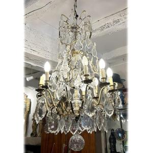 12-light Bronze Chandelier With Cut Crystal Pendants And Knife-shaped Crystal Drops, 19th Century