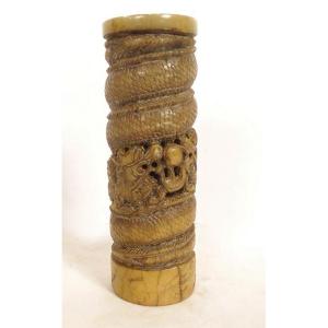 Chinese Hardstone Seal Carved With Dragons And Sacred Pearl, 20th Century