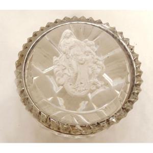 Round Cut Crystal Baccarat Crystal-ceramic Box, Virgin And Child, 19th Century