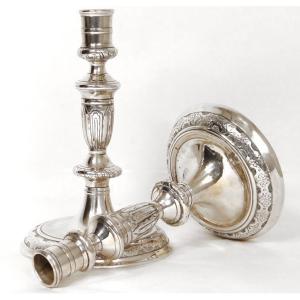 Pair Of Louis XIV Style Silvered Bronze Community Candlesticks, 17th Century