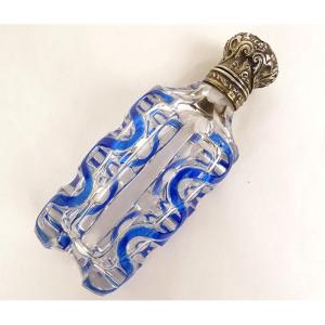 Crystal Salt Flask With Blue Overlay And Solid Silver Metal, 19th Century