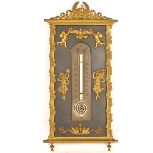 Empire Thermometer In Gilt Bronze Depicting Dancing Women, Cherubs, And An Eagle, 19th Century