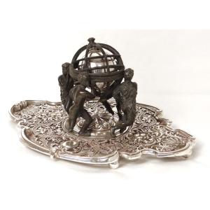 Bronze Inkwell With Armillary Sphere, Figures, And Continents, Lerolle Frères, 19th Century