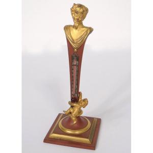 Gilt Bronze Thermometer With Marble Patina, Cherub And Satyr, Napoleon III, 19th Century