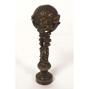 Silvered Bronze Seal With Marine Anchors, Foliage, Globe, And Monogram, 19th Century