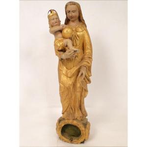 Sculpture Of The Virgin And Child Jesus, Carved And Gilded Wood, 17th Century