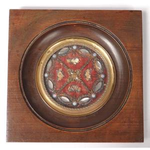 Reliquary Wooden Frame Saints Mother-of-pearl Cabochons Flowers 19th Century