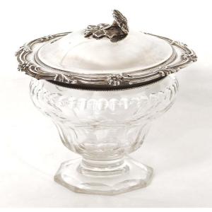 Cut Crystal Sugar Bowl Set In Solid Silver Minerva Flowers 19th Century
