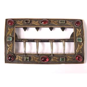 Solid Silver Hat Buckle With Colored Garnet Cabochons Early 20th Century