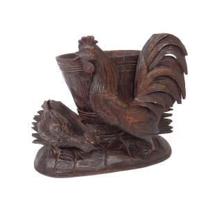 Sculpture Vase Flower Holder Jardiniere Carved Wood Black Forest Cock XIXth Century