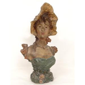 Sculpture Bust Polychrome Terracotta Pablo Rigual Young Woman Flowers 19th Century