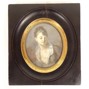Miniature On Paper Portrait Of A Young Woman Dozing In A Wooden Frame 19th Century