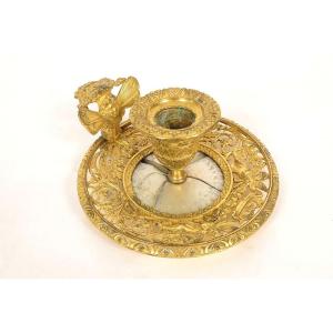 Handheld Empire-style Candlestick, Gilded Bronze With Mother-of-pearl Inlay, By Claude Galle, Psyche And Putti, 19th Century