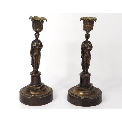 Torches Bronze Candlesticks Pair Nineteenth Caryatids Vestals