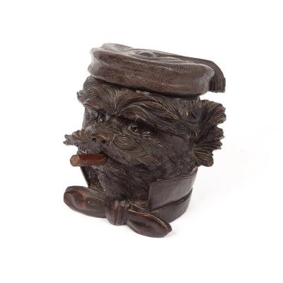 Tobacco Box Wood Carved Black Forest Head Cigar Dog XIXth Century