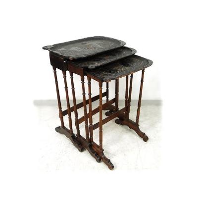 3 Nesting Tables Blackened Wood Carved Japan Flowers Water Lilies Nineteenth