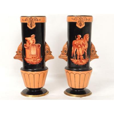 Pair Porcelain Vases Paris Orientalist Characters Horse Nineteenth