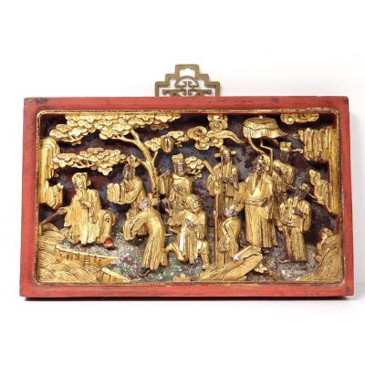 High-relief Carved Wood Panel Golden Characters Dignitaries China Nineteenth