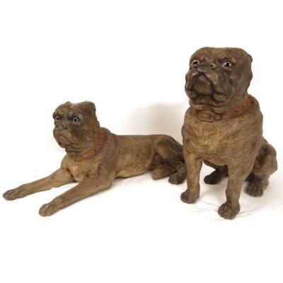 Pair Sculptures Couple English Mastiff Dogs Terracotta XIXth Century