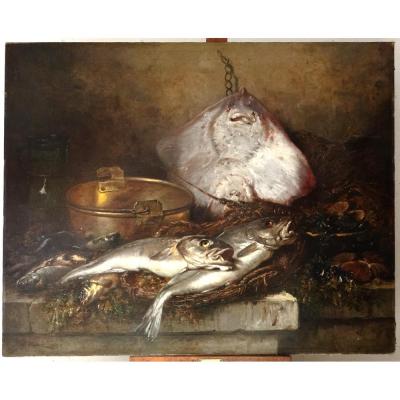 Hst Still Life Lobster Ray Fish Shell Eugène Claude 164x131cm 19th