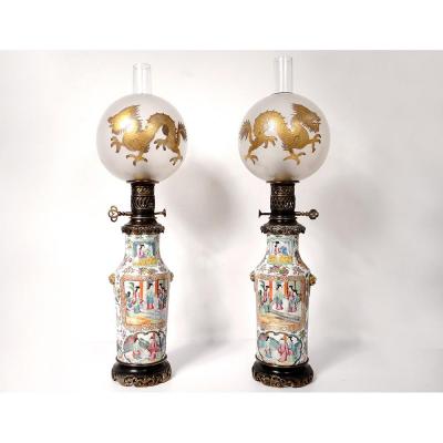 Pair Oil Lamps Porcelain Canton Crystal Ball Saint-louis Bronze 19th