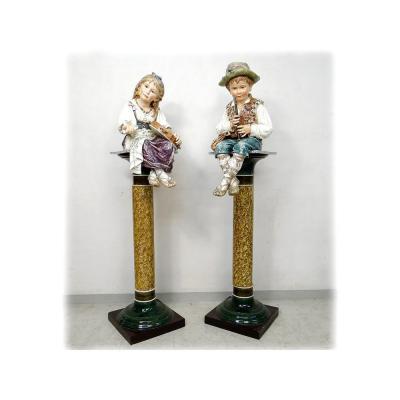 Majolica Earthenware Sculptures Wilhelm Schiller Gypsy Children Austria 160cm