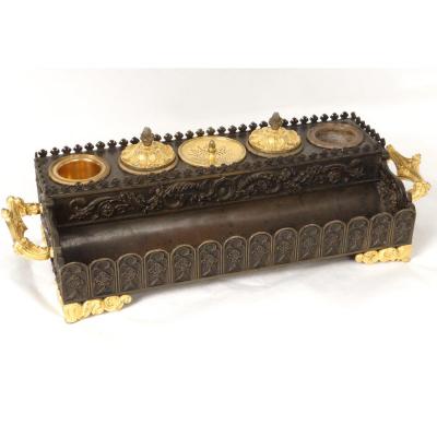 Inkwell Bronze Flowers Foliage Gilding Empire XIXth Century