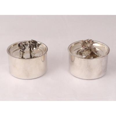 2 Round Boxes Sterling Silver Minerve Cow Flowers 179gr Twentieth