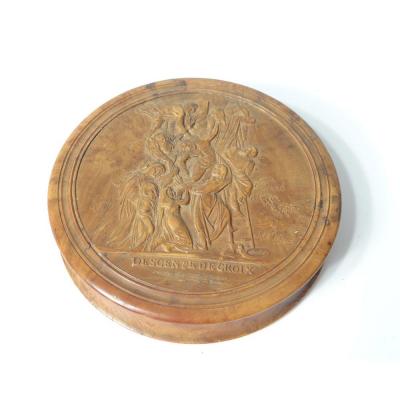 Round Box Carved Wood Descent From The Cross Deposition Christ Crucifix Nineteenth