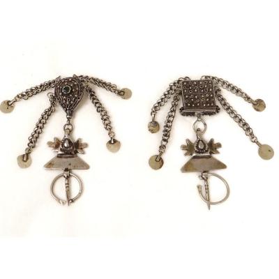 Pair Fibulas Sterling Silver Talisman Quran Box South Perfume Morocco Drâa XXè