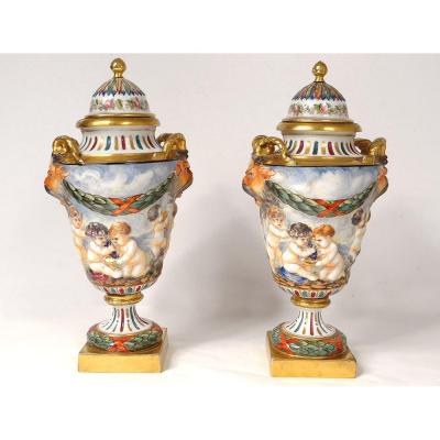 Pair Pots Cutlery Porcelain Capodimonte Faun Cherubs Bacchus Nineteenth