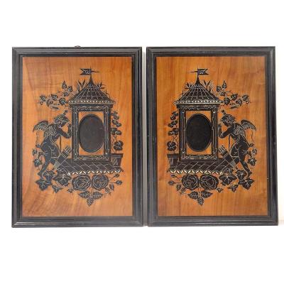 Pair Frames Photo Holder Marquetry Ebony Walnut Amours Cherubs Flowers 19th