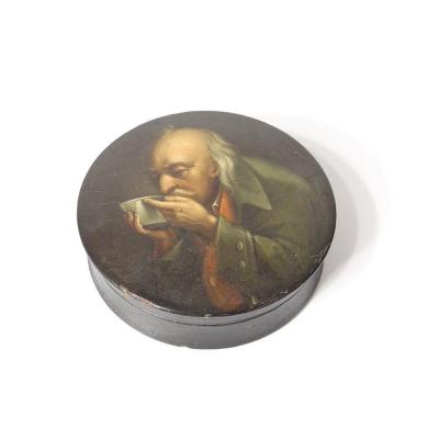 Russian Round Box Lacquered Wood Portrait Man Drinking Nineteenth Century