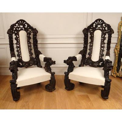 Pair Large Armchairs Carved Wood Italy Venice Baroque Raisin Vine Nineteenth