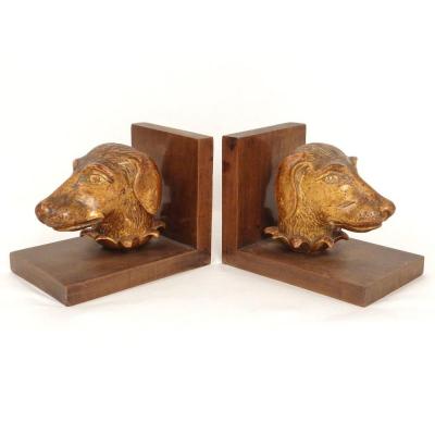 Pair Bookends Wood Carved Gilded Heads Dog Hunting Braque Twentieth Century