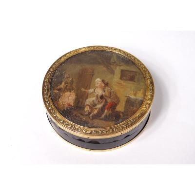 Round Box Gold Solid 18 Carats Tortoiseshell Miniature Scene Galante Late Eighteenth