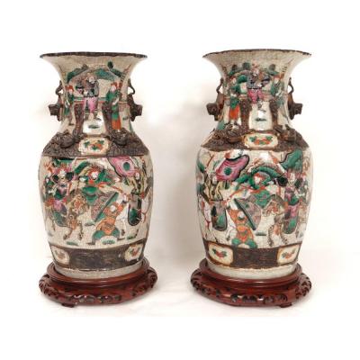 Pair Chinese Vases Porcelain Nanjing Asian Characters Horses Twentieth