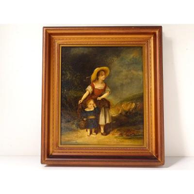 Hst Table Woman Child Landscape Campaign French School XIXth Century