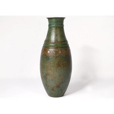 Ovoid Vase Dinanderie Geometric Patterns Art Deco Signed XXth Century