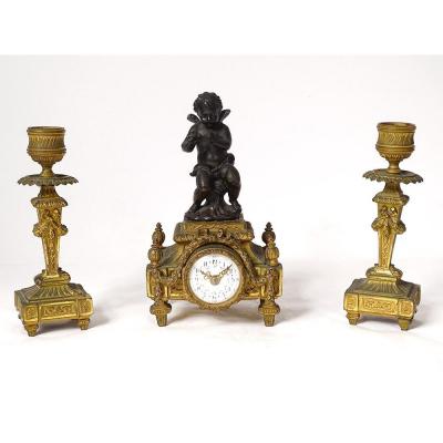 Small Clock Candlesticks Gilt Bronze Cherub Flowers Knot XIXth