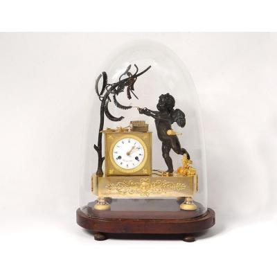 Pendulum Bronze Cherub Amour Mucisien Zither Globe I Empire XIXth