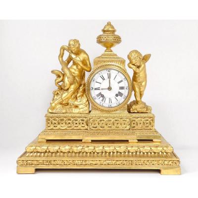 Golden Wood Pendulum Hygie Goddess Serpent Angelot Eros Cupid Clock XVIIIth