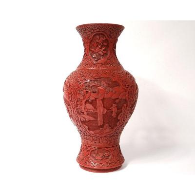 Large Baluster Vase Cinnabar Lacquer Characters Landscape Flowers China XIXth
