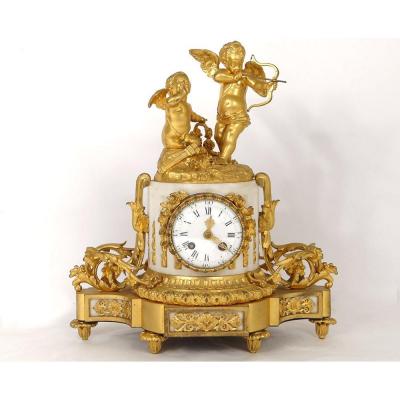 Pendulum Gilt Bronze White Marble Cupid Cupids Romantic Quiver XIXth